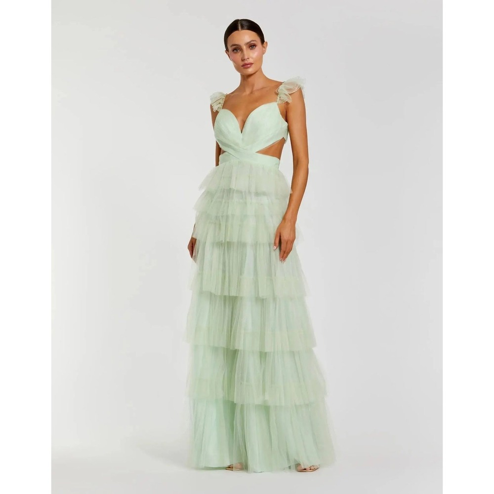 Mac Duggal Mint Green Tiered Tulle Gown Cutout Ruffle Prom Dress 10 NEW
